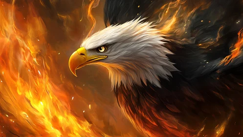 Majestic Bald Eagle in Fiery Flames, Digital Art Illustration.
