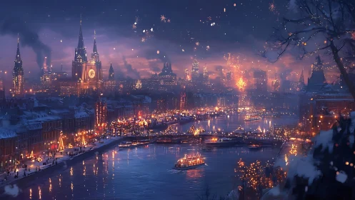 Festive riverside city glows under winter fireworks night.