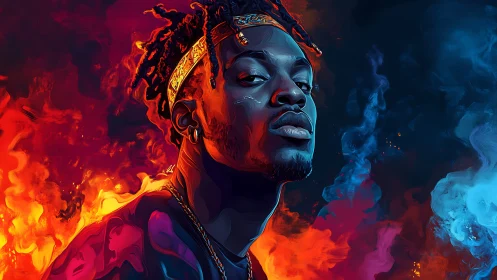 Confident man in vivid fire and ice digital portrait.