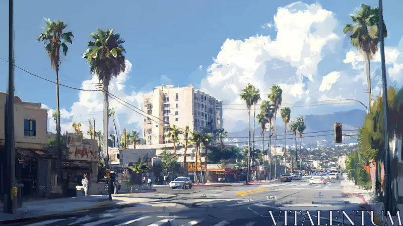 Sunlit palm-lined boulevard with distant mountain skyline.