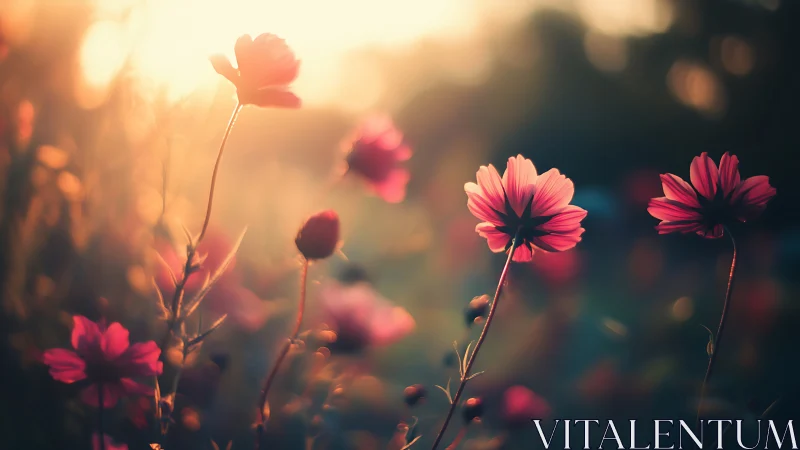 Cosmos Flowers Blooming Golden Hour Luminescence