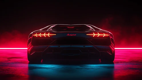 Futuristic sports car rear view under neon red and blue lighting