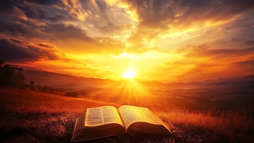 Open book glows under radiant sunset over rolling valley