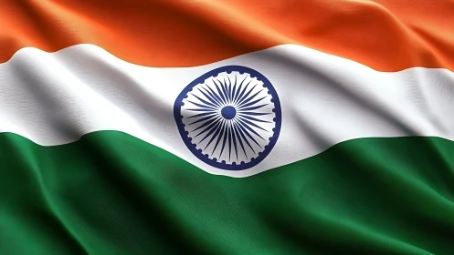 Indian tricolor flag with detailed Ashoka Chakra rendering.