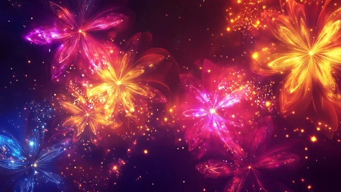 Glowing cosmic blossoms drifting through a sparkling night sky.