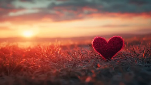 Red heart resting on frost-covered grass at sunrise.