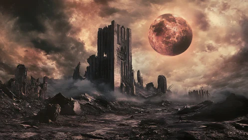 Ruined cityscape stands beneath enlarged red planetary moon