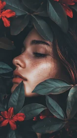 Side profile portrait framed by dark leaves and red flowers.