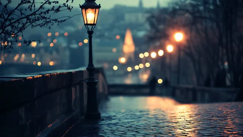 Wet cobblestone walkway with streetlamps at dusk.