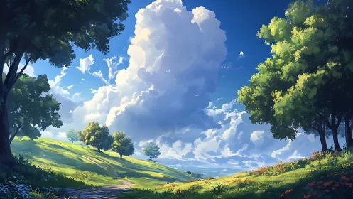 Sunlit hillside and towering summer clouds invite quiet wonder.