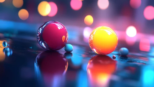 Neon glass spheres on reflective surface in bokeh glow.
