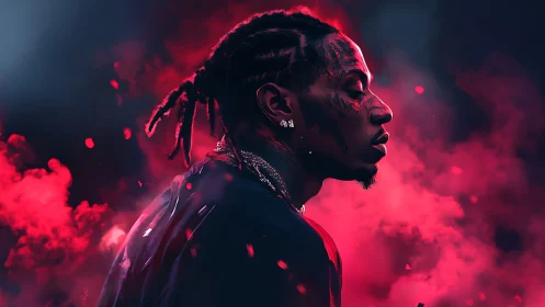 Side-lit portrait in red atmospheric haze with high contrast rim light