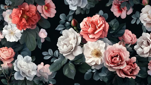 Chromatic peony rose cluster on low-luminance botanical field.