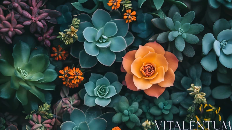 Chromatic Succulent Garden with Orange Rose Central Focal Point.