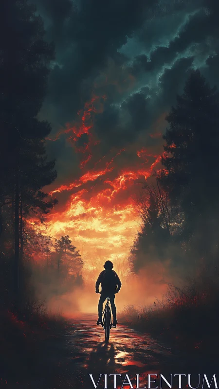 Cyclist Confronts Apocalyptic Inferno Through Burning Forest.