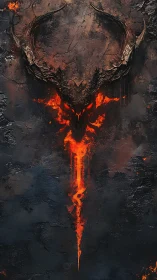 Volcanic horned skull emblem with molten sigil extrusion.
