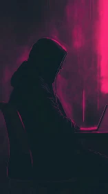 Cyberpunk hooded operator in neon magenta silhouette profile.