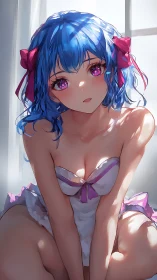 Sunlit blue haired dreamer leans into soft morning silence