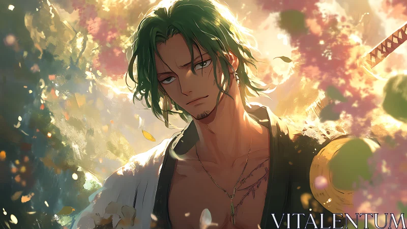 Sunlit swordsman resting beneath drifting cherry petals.