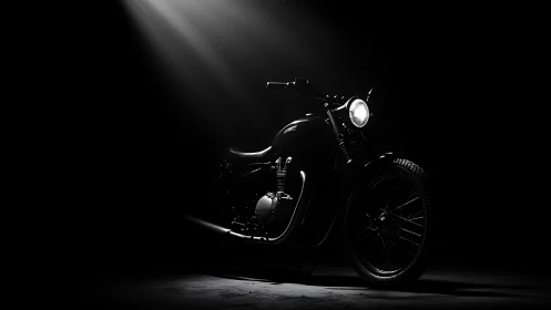 Timeless black motorcycle glowing softly in the spotlight.