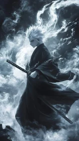 White haired swordsman in swirling monochrome smoke.