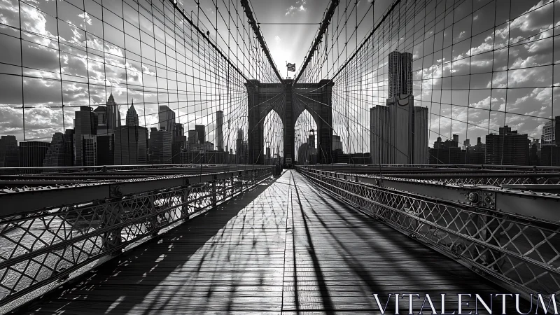 Black and white view along Brooklyn Bridge pedestrian deck