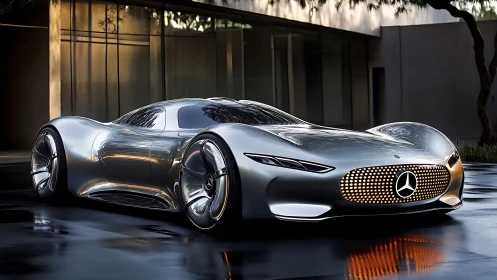 Silver comet supercar gliding across a rain-dark courtyard.