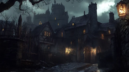 Fog-laden medieval street glows beneath looming castle walls.