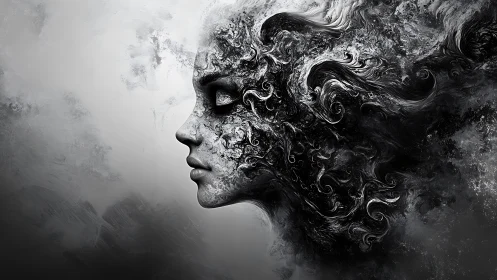 Whispers of ink and wind shaping a dreamlike human profile.