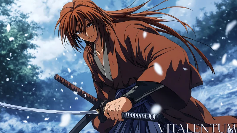 Samurai warrior readies twin blades in a silent winter storm