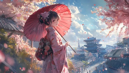 Anime sakura street scene with parasol and layered depth composition.