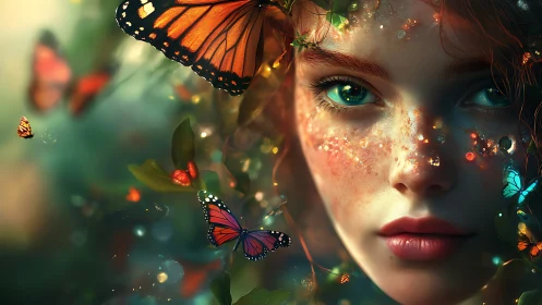 Butterfly-kissed forest muse in sparkling twilight glow.