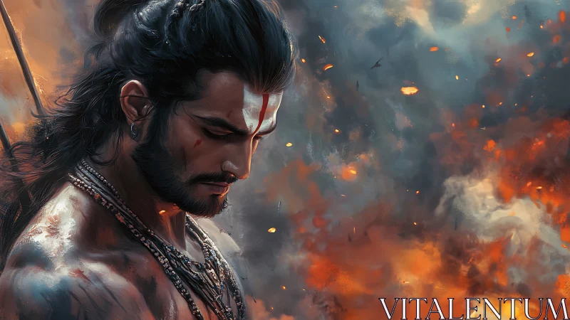 Warrior profile against smoke and embers in side view.