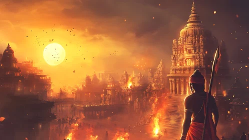Warrior overlooks burning temple city at molten sunset.