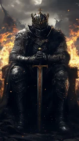Brooding dark king resting on a throne of roaring fire.