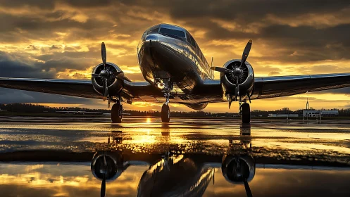 Vintage twin‑engine airplane on wet runway at sunset.
