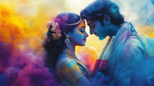 Indian bride and groom rendered in vibrant digital painting with ornamental details