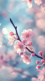 Spring Cherry Blossoms on Soft Blue Background.