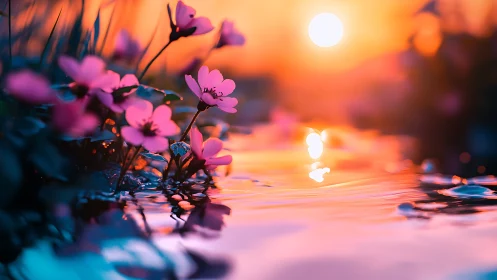 Macro view of pink flowers at waterside under sunset light.
