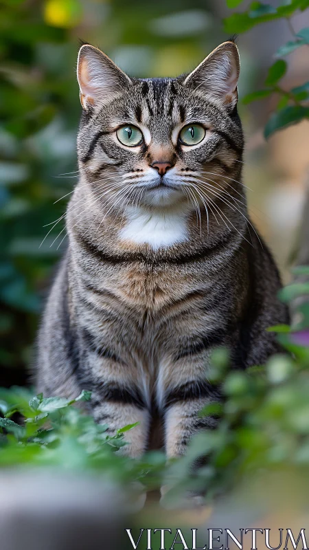 Tabby Cat with Striking Blue-Green Eyes Amid Leafy Garden Setting