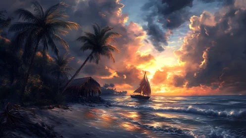 Sailboat offshore near tropical hut under dense sunset clouds.