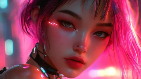 Cyberpunk neon heroine gazes through glowing city haze.
