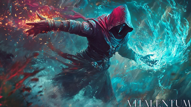 Hooded battle mage channels opposing fire and frost energies