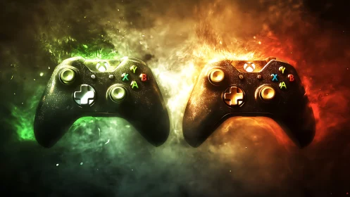 Xbox controllers in green and orange energy clouds.
