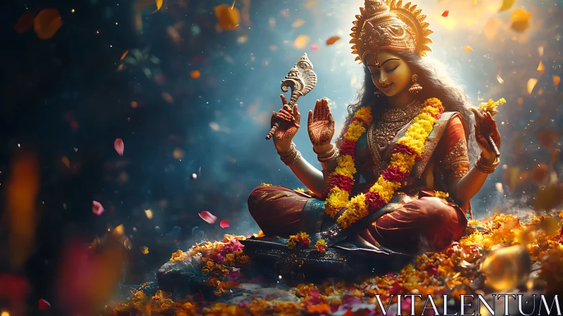 Divine goddess sculpture glows amid petals and sacred light.