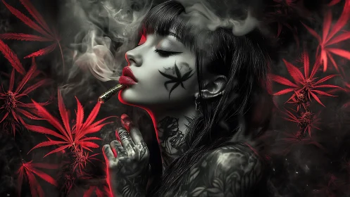 Tattooed woman smoking amid red cannabis leaves art.
