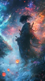 Starlit ronin drifting between nebula skies and lantern mist.