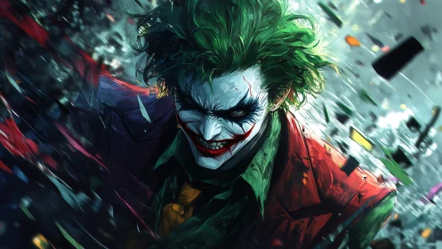 Chaotic clown villain in shattered neon storm portrait.