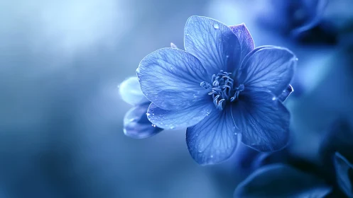Blue Flower with Water Droplets in Soft Focus