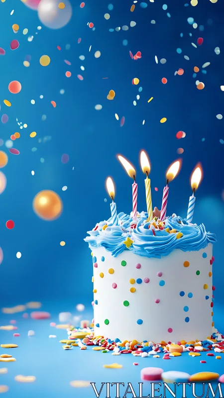 Blue Frosted Birthday Cake with Candles and Confetti.